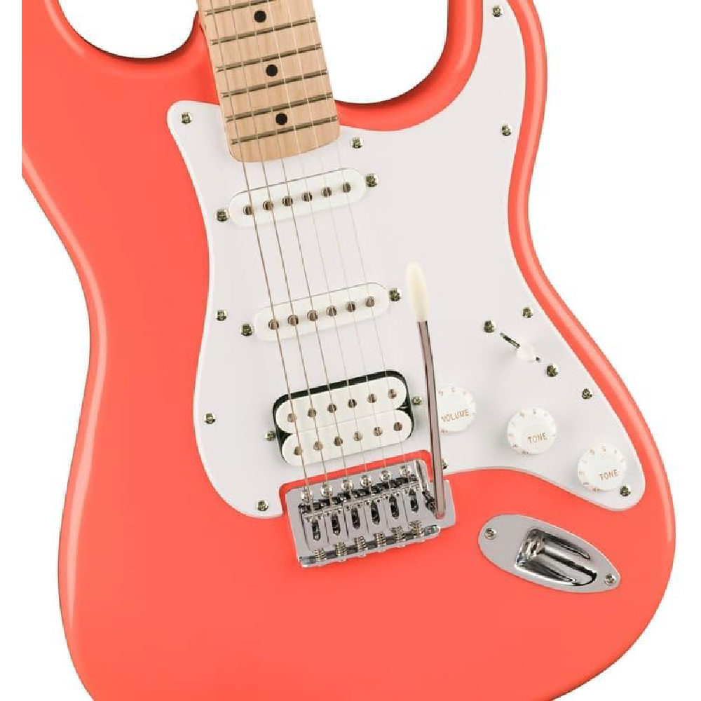 811478bf9c9e2360ac3f7863dce07eab.png Squier Sonic Stratocaster HSS Electric Guitar w/White Pickguard, Maple FB, Tahitian Coral