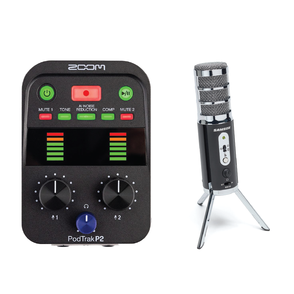 Zoom PodTrak P2 + Samson Satellite Podcast Combo – Mobile Audio Interface + USB Broadcast Microphone