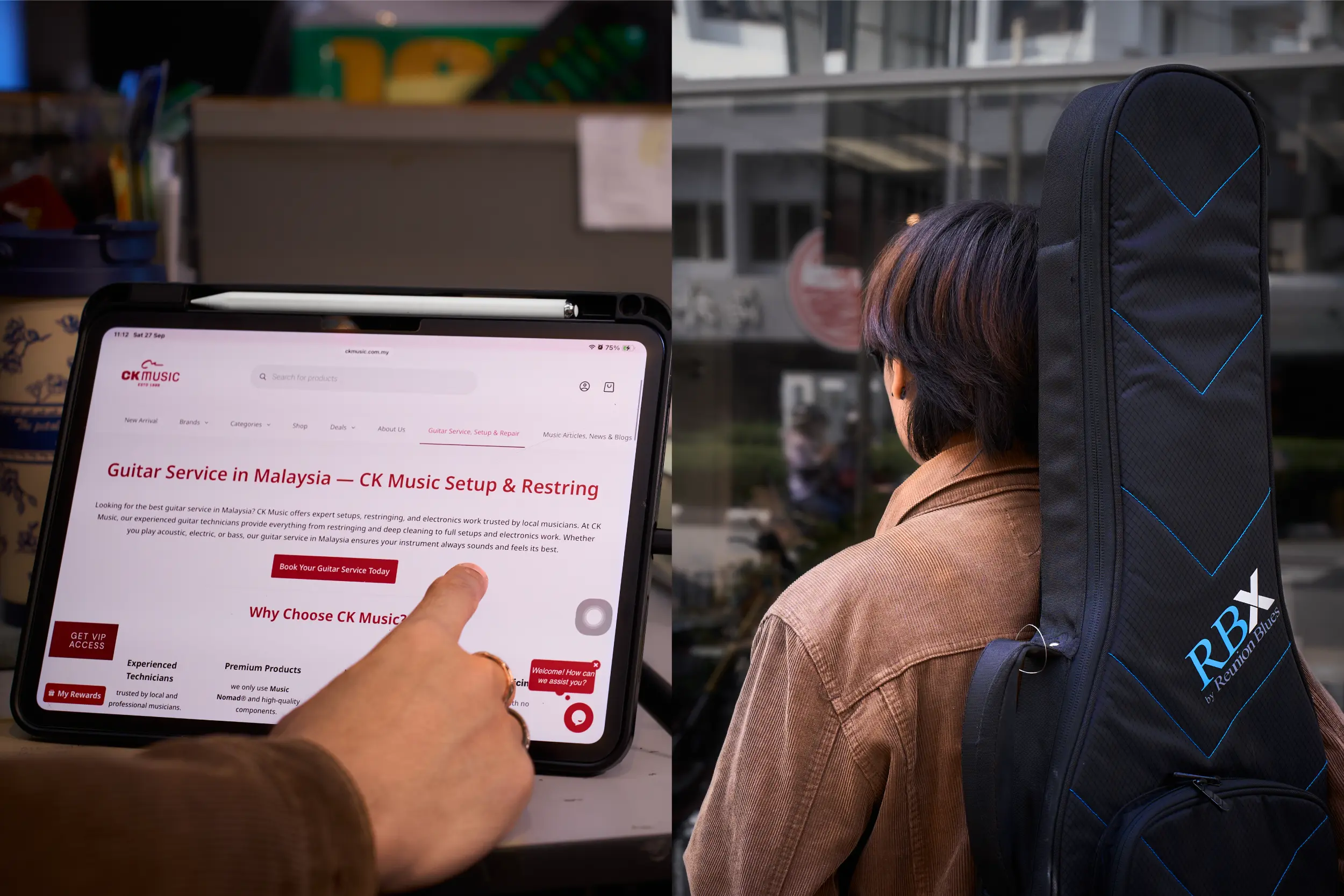 Customer booking guitar service online or walking into CK Music store in Kuala Lumpur, Malaysia.