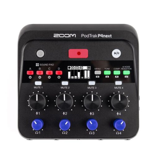 Zoom PodTrak P4NEXT Audio Interface – 4-Channel Portable Podcast & Streaming Recorder with XLR Inputs, 48kHz/24-bit, USB-C Interface & 4 Headphone Outputs