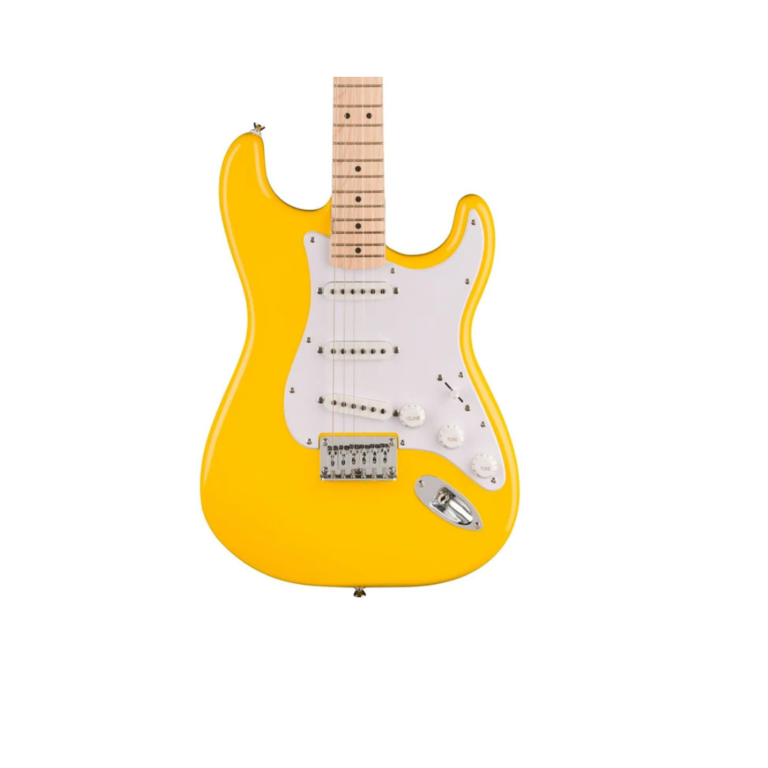 Squier Limited Ed Sonic Stratocaster HT Electric Guitar w/White Pickguard, Maple FB, Graffiti Yellow