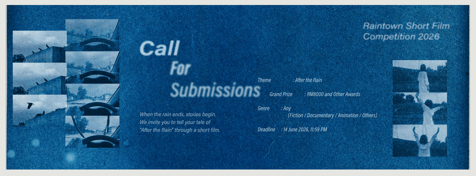 Call for submissions poster for the Raintown Film Festival 2026 featuring event title, submission dates, and festival branding design.