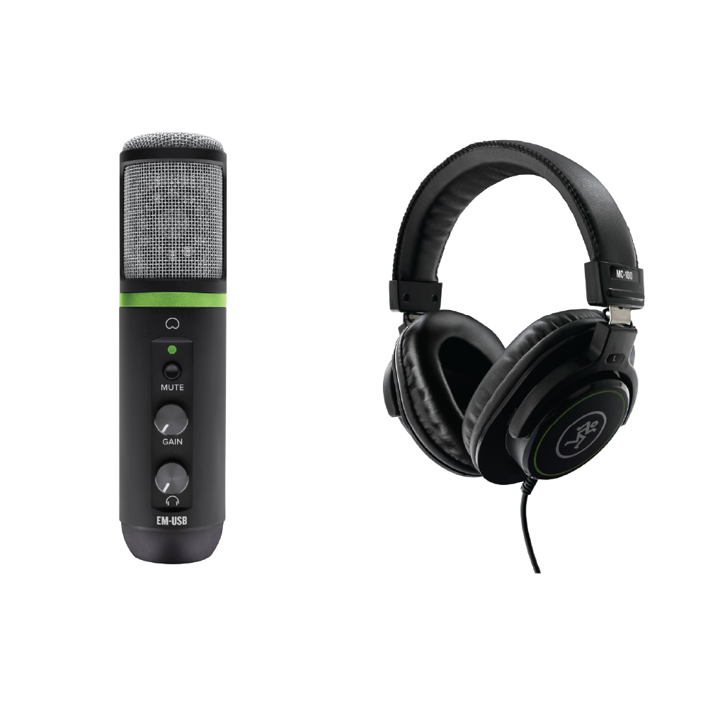 Mackie EM-USB USB Microphone with MC100 Headphones – Podcasting & Livestreaming Bundle (Compact Setup)