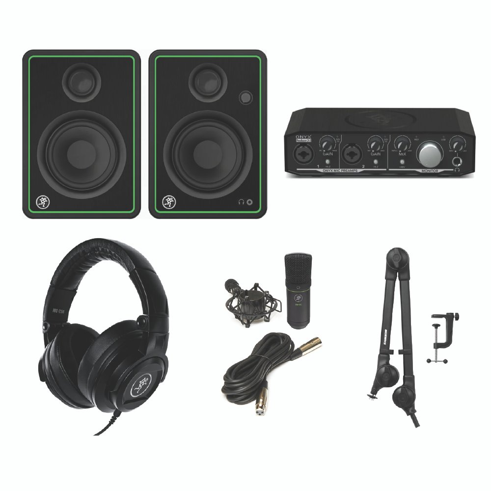 Mackie CR4-X + Onyx Producer 2.2 Home Studio Bundle with EM-91C Microphone, MC250 Headphones & Samson MBA26 Interface