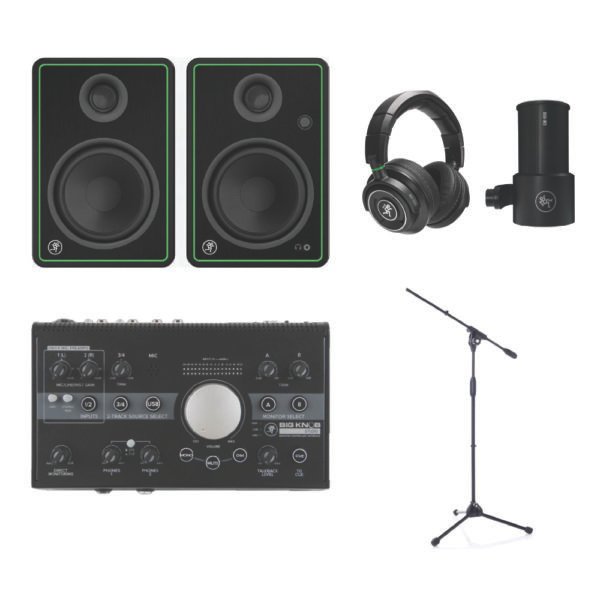Mackie CR5-X + Big Knob Studio Controller Home Studio Bundle with EM-99B Microphone, MC350 Headphones & Bespeco MS11 Evo Stand