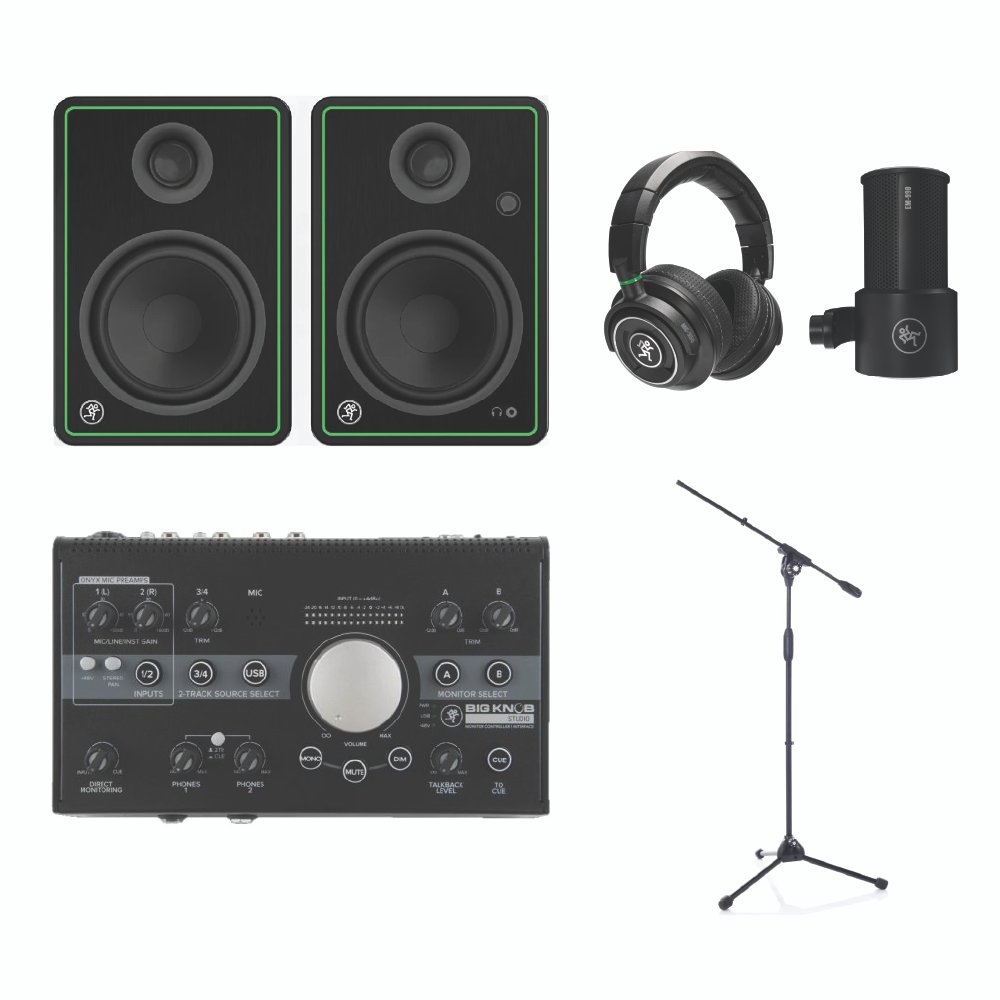 Mackie CR5-X + Big Knob Studio Controller Home Studio Bundle with EM-99B Microphone, MC350 Headphones & Bespeco MS11 Evo Stand