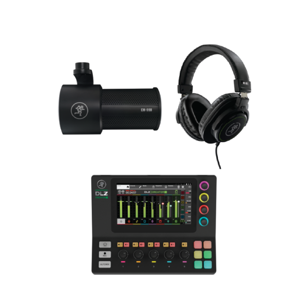 Mackie DLZ Creator XS – Podcasting & Livestreaming Bundle with EM-99B Microphone, MC100 Headphones & Samson MBA26 Boom Arm