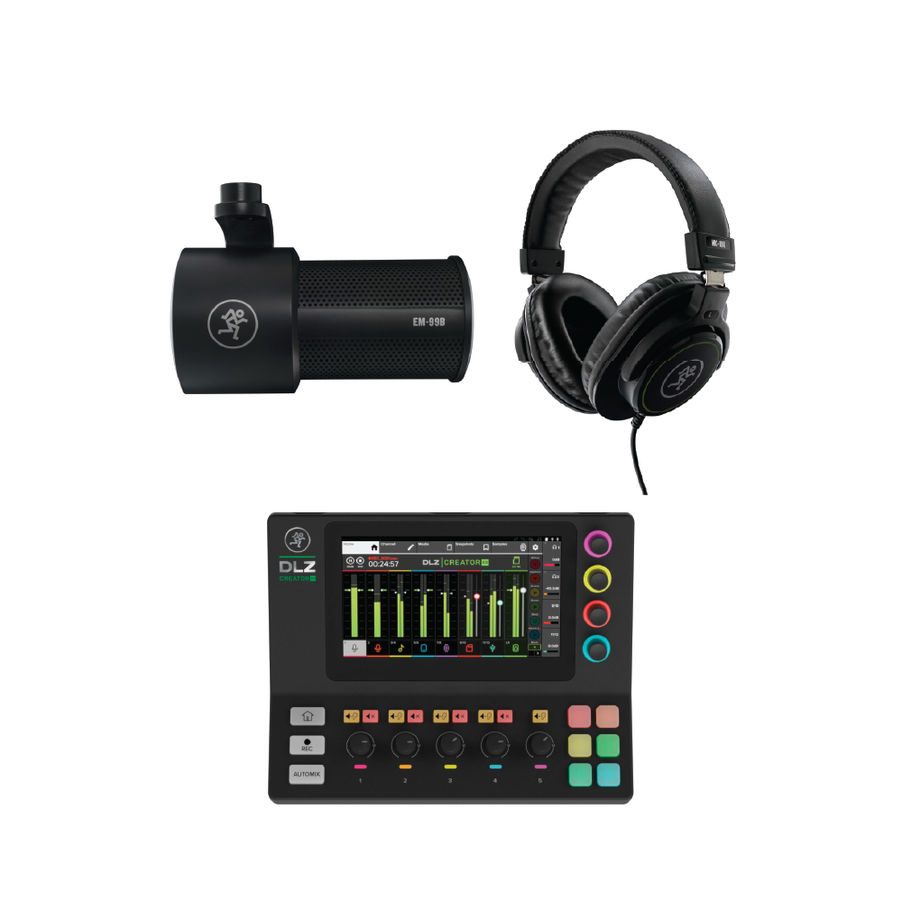 Mackie DLZ Creator XS – Podcasting & Livestreaming Bundle with EM-99B Microphone, MC100 Headphones & Samson MBA26 Boom Arm