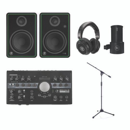 (D)Mus's Studio BundleArtboard 4-100 Mackie CR5-X + Big Knob Studio Plus Home Studio Bundle with EM-99B Microphone, MC450 Headphones & Bespeco MS11 Evo Stand