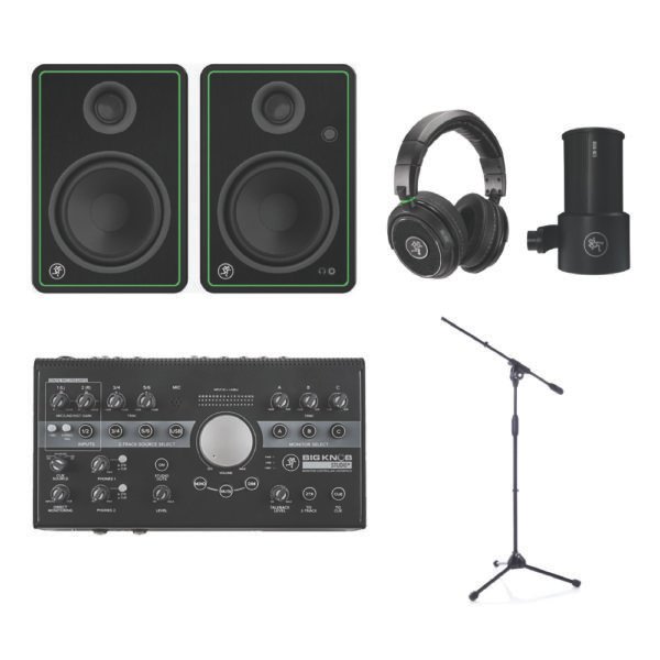 Mackie CR5-X + Big Knob Studio Plus Home Studio Bundle with EM-99B Microphone, MC450 Headphones & Bespeco MS11 Evo Stand