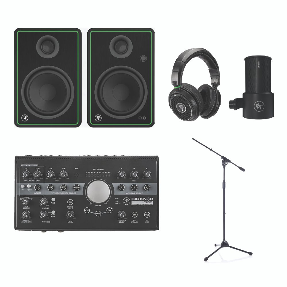Mackie CR5-X + Big Knob Studio Plus Home Studio Bundle with EM-99B Microphone, MC450 Headphones & Bespeco MS11 Evo Stand