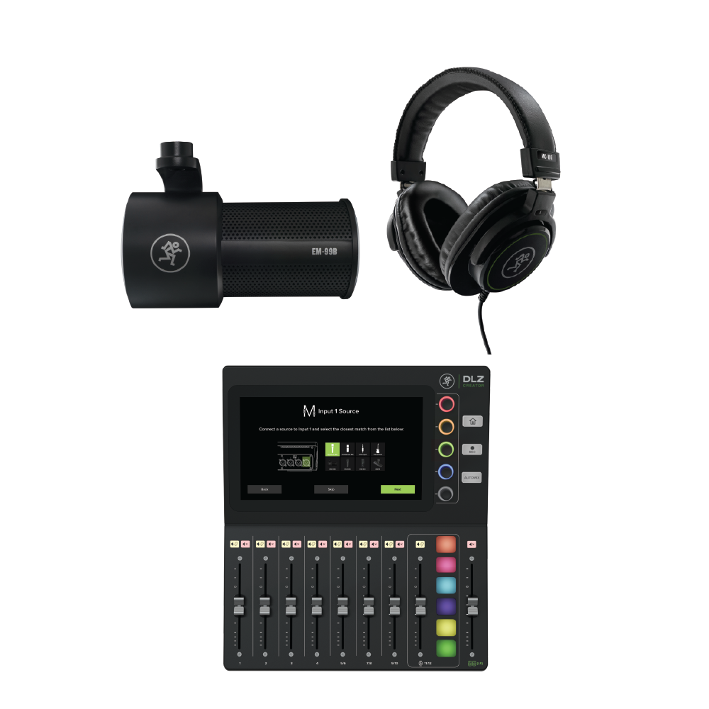 Mackie DLZ Creator – Professional Podcasting & Livestreaming Bundle with EM-99B Microphone, MC100 Headphones & Samson MBA26 Boom Arm