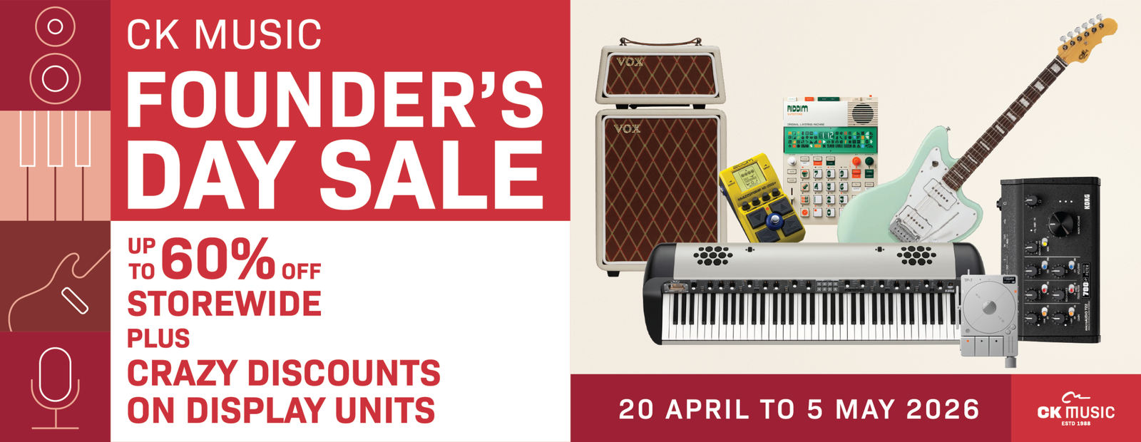 Founder’s Day Sale banner featuring display unit clearance with discounts up to 70%, limited to one unit per item, available from 20 April to 5 May 2026